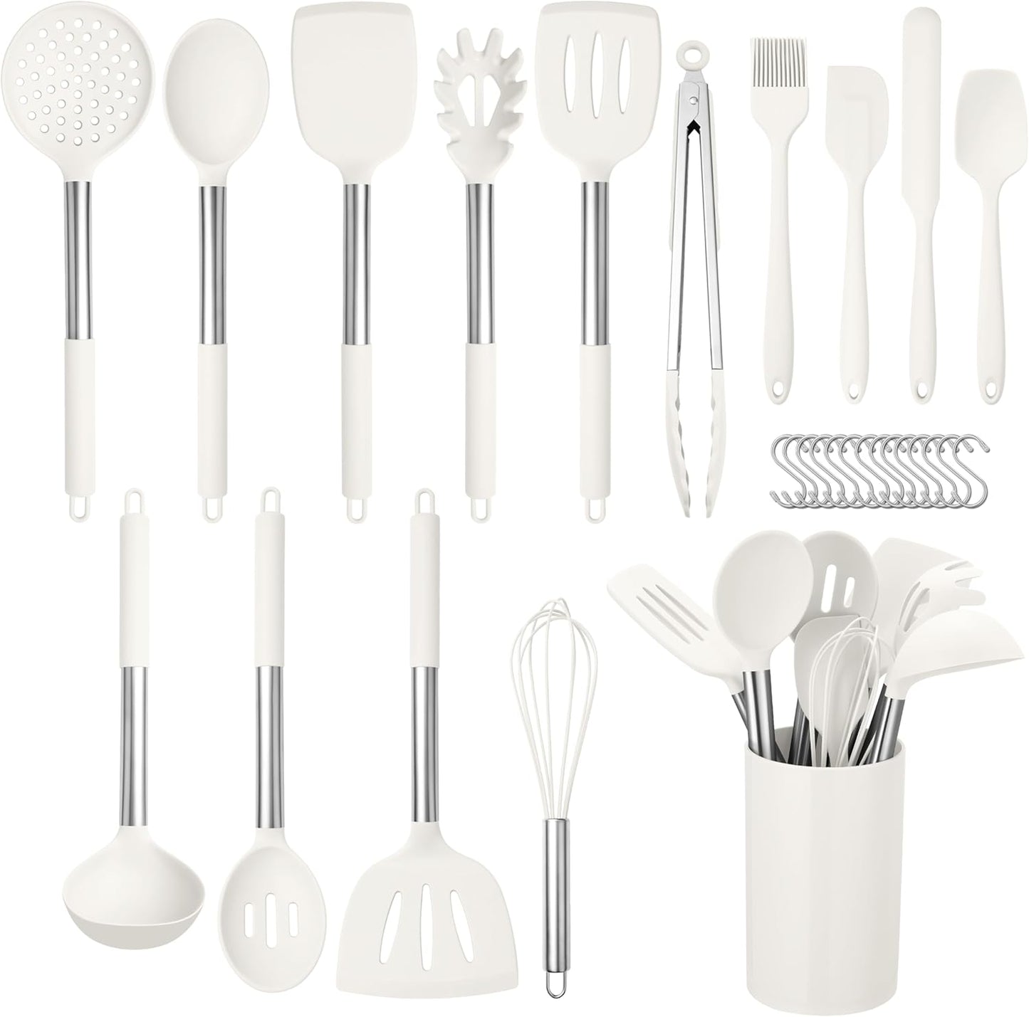 HaWare 29 PCS Silicone Cooking Utensils Set, Heat Resistant Kitchen Utensils Set with Stainless Steel Handle, Spatula Sets with Holder and Hooks, Kitchen Tools Gadgets for Nonstick Cookware -White