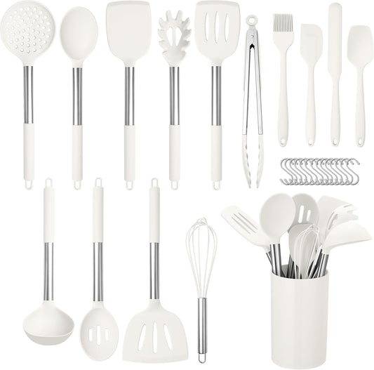 HaWare 29 PCS Silicone Cooking Utensils Set, Heat Resistant Kitchen Utensils Set with Stainless Steel Handle, Spatula Sets with Holder and Hooks, Kitchen Tools Gadgets for Nonstick Cookware -White
