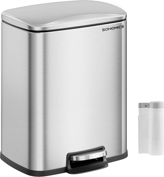 SONGMICS Trash Can, Garbage Can with Lid, 5.2-Gallon (20L) Step Trash Bin for Kitchen, Stainless Steel, Soft Close and Stays Open, Inner Bucket, Includes 15 Trash Bags, Silver ULTB543E01