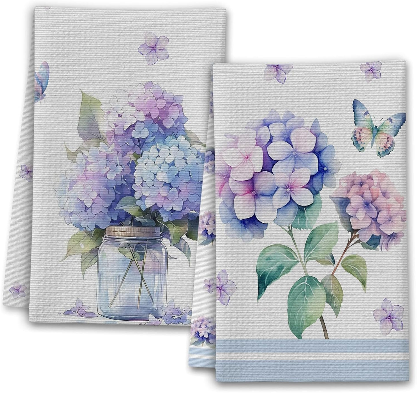 Hydrangea Kitchen Towels, Butterfly House Hand Towel Set of 2, Summer Flowers Gifts for Home Bathroom Holiday Decor - A05