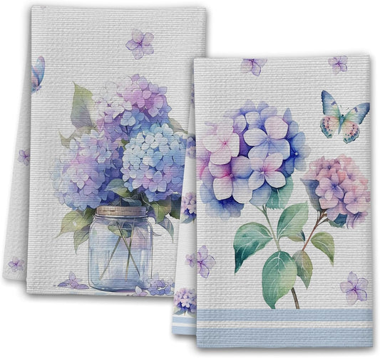 Hydrangea Kitchen Towels, Butterfly House Hand Towel Set of 2, Summer Flowers Gifts for Home Bathroom Holiday Decor - A05