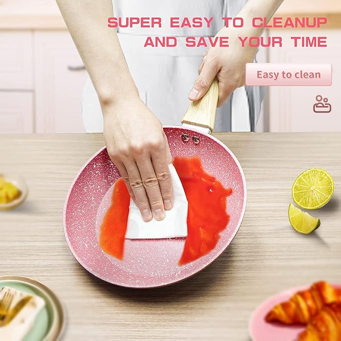Frying Pan Nonstick Set, 8" & 9.5" & 11" Pink Egg Pan, Non Stick Fry Pan Set PFOA-Free Omelet Pan, Toxin-Free Skillets Stone Cookware, Anti-Warp Base with All Stove Tops Available,Induction Compatible