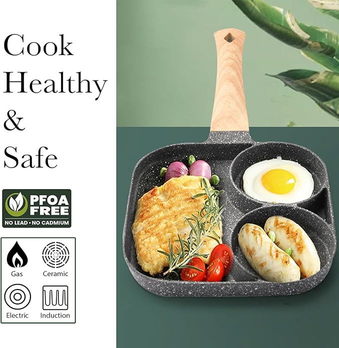 JUSTUP Nonstick Egg Frying Pan, Mini 3-in-1 Nonstick Pan Divided Grill Frying Pan, Heat Resistant Handle 3 Section Skillet Mini Pancake Pan, Cooking Pan for Breakfast, Egg, Bacon and Burgers, 7.3 in