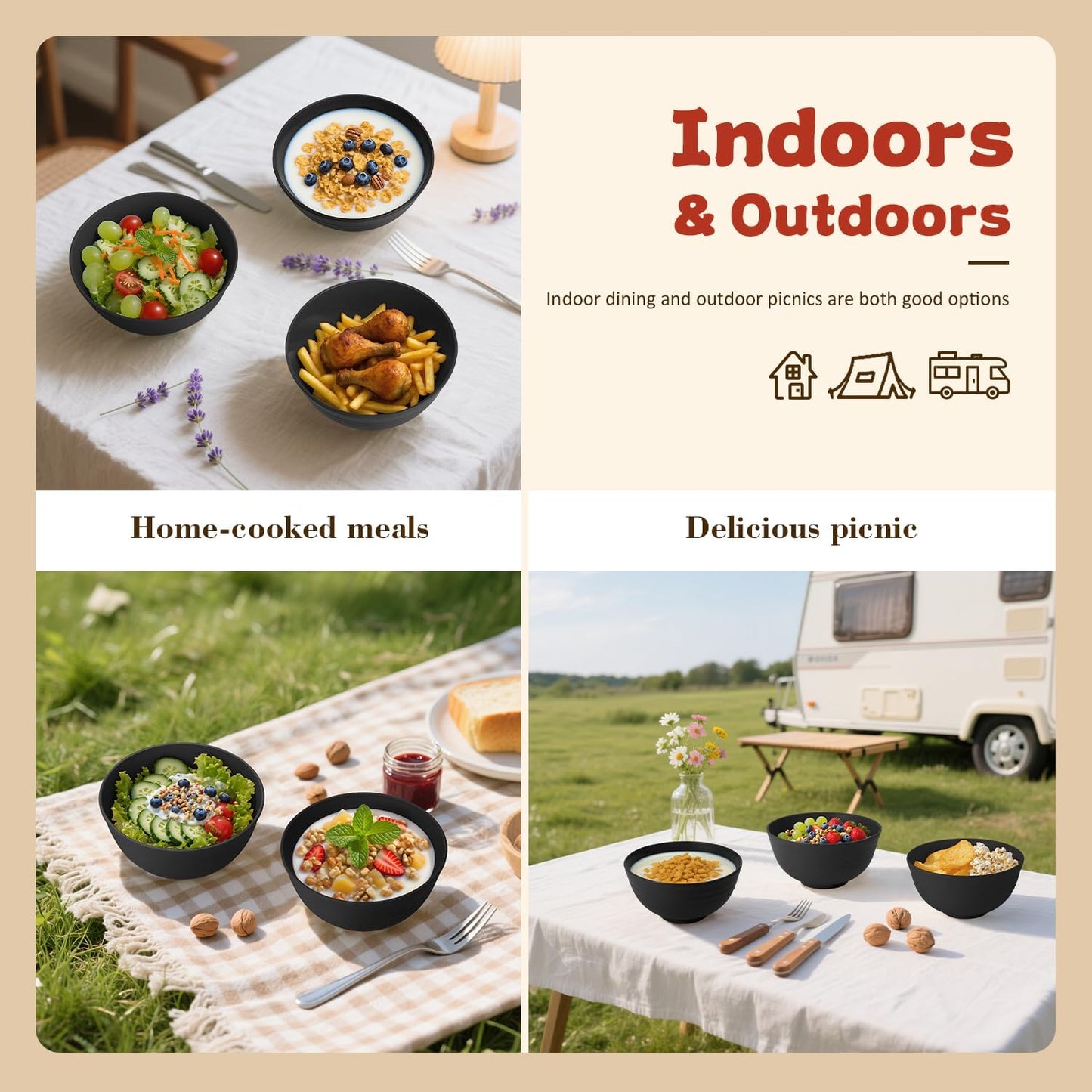 Wrova Wheat Straw Camping Bowls Sets of 6,Unbreakable 26oz Lightweight Bowls Sets for Outdoors Activity,Breakfast Bowls for Cereal and Salad.Black Series