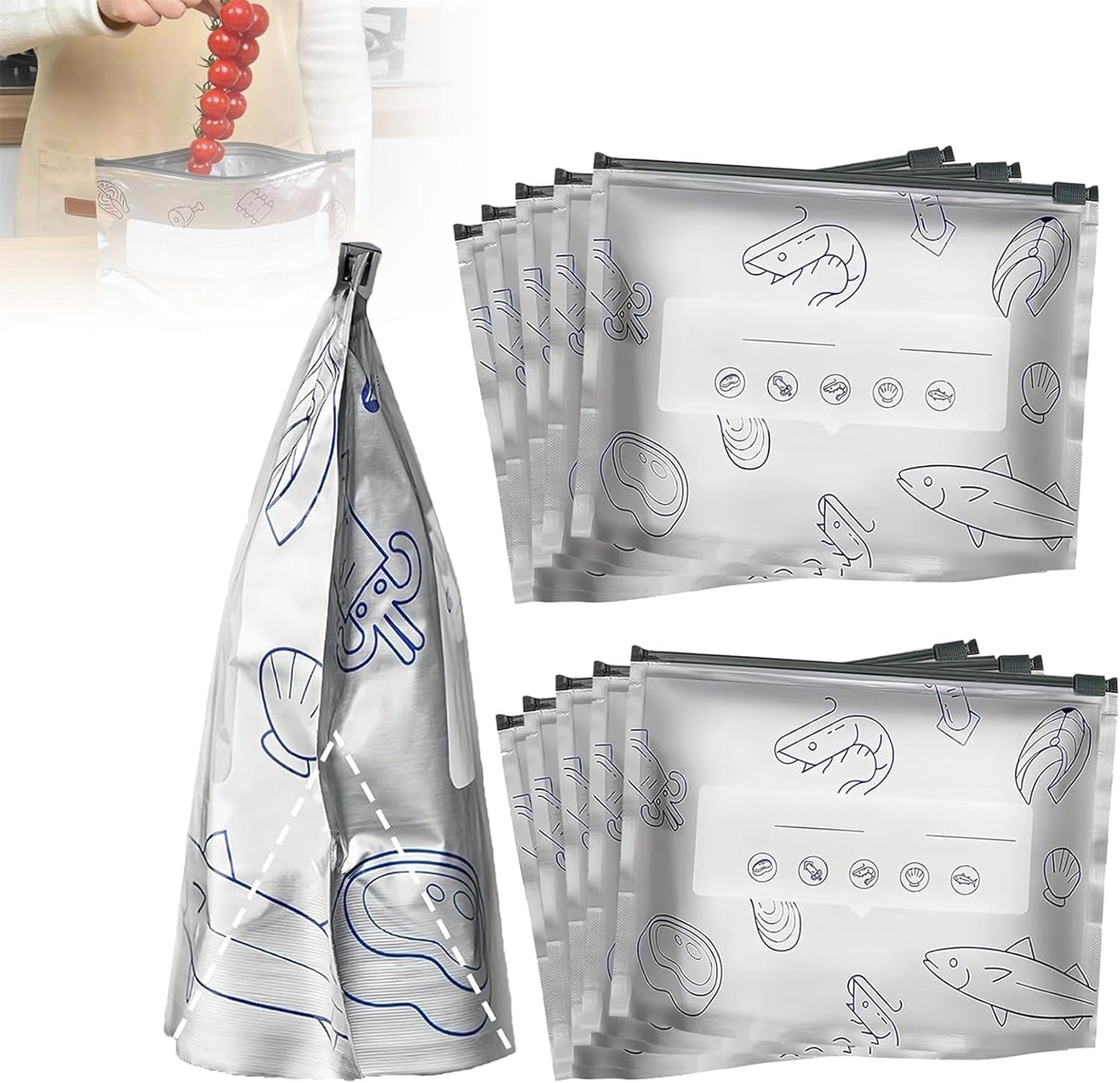 Reusable Aluminum Foil Sealable Storage Bags, 2025 New Resealable Vacuum Zipper Pouches for Food, Stand Up Foil Sealable Bags with Label and Zip Lock for Vegetable Fruit Meat (30PCS, Small)
