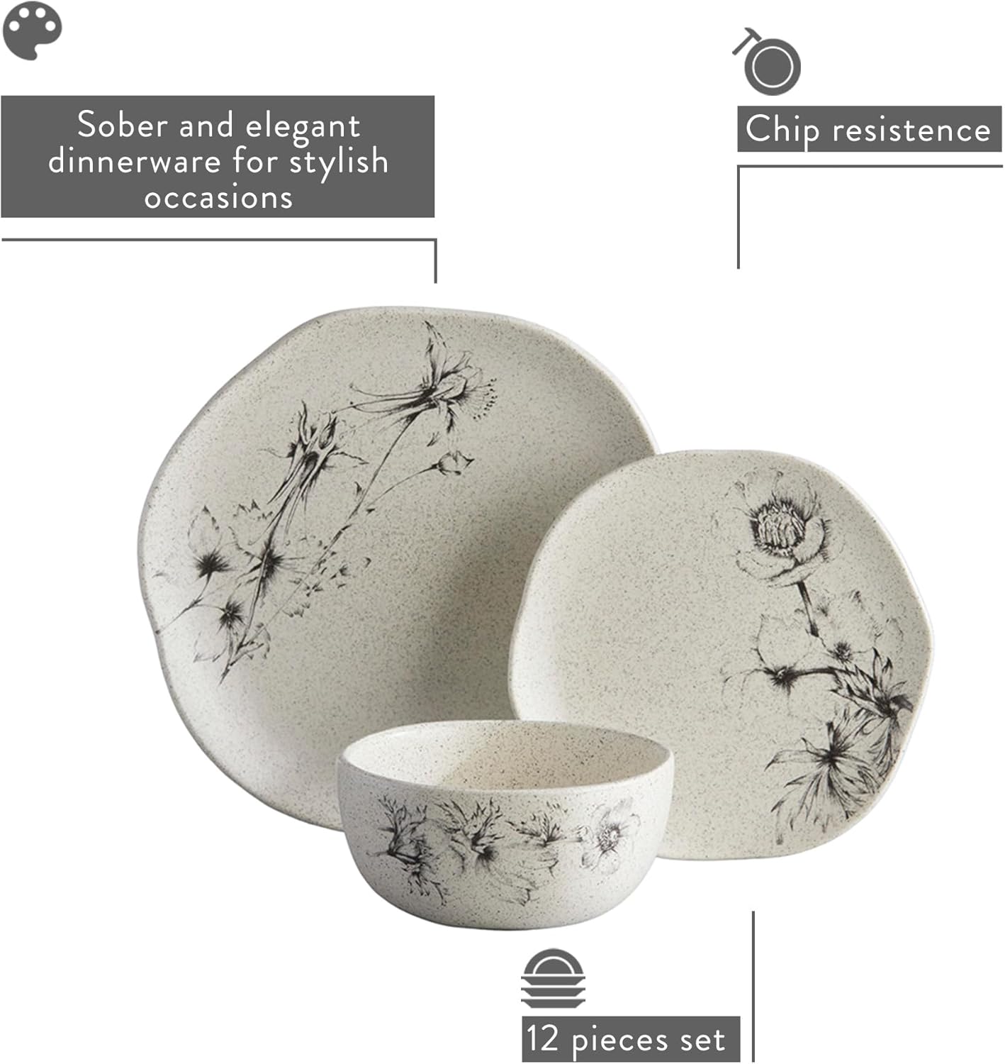 Corona Dinnerware Set 12– piece, Plates and Bowls Set, Ceramic Sets for 4, Microwave and Dishwasher Safe, Elea Floral Design