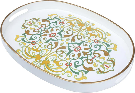 Oval Plastic Serving Tray with Handles, Elegant Decorative Tray for Coffee Table, Ottoman, Living Room, Kitchen, and Outdoor Use. 10"*16"*1.4" D