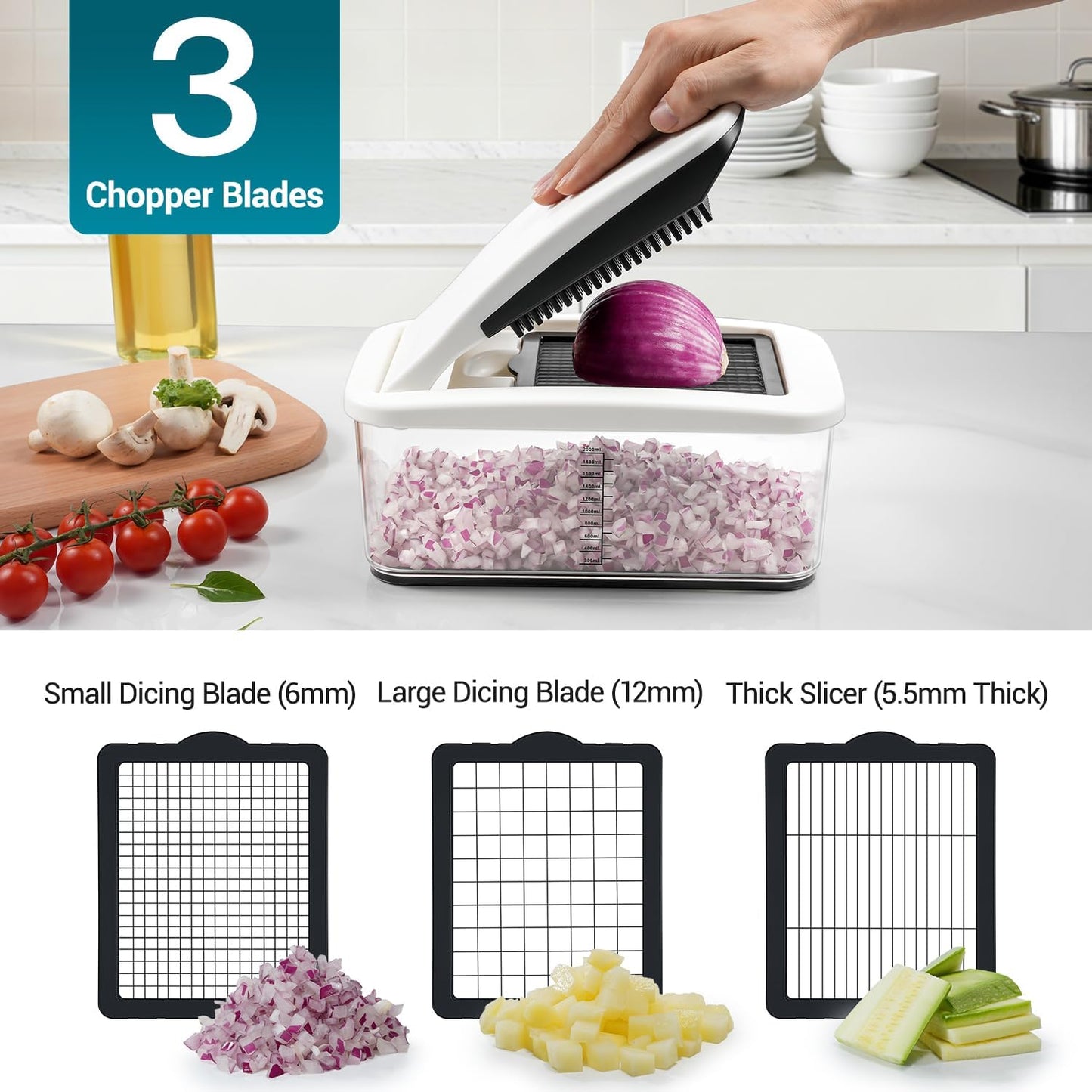 Sopito Vegetable Chopper Heavy-Duty Mandoline Slicer for Kitchen - Multifunctional Onion Potato Food Veggie Fruit Slicer and Cutter with 6 Blades & Container for Onion, Veggies, and Food Preparation