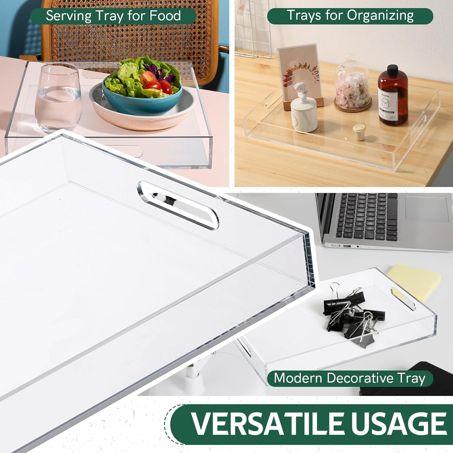 MYFULLY Clear Acrylic Serving Tray 10”x15”, Spill-Proof Decorative Serving Trays with Handles for Coffee Table, Bathroom, Kitchen, and Countertop Storage