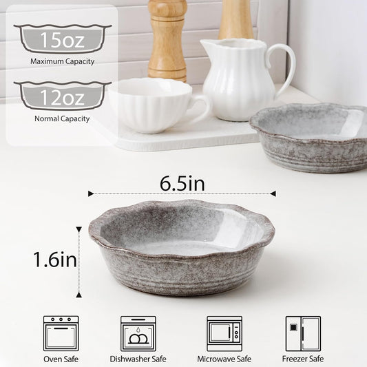 NUTRIUPS Small Pie Pans Set of 2, 6.5 Inch Ceramic Mini Pot Pie Baking Dishes, Oven Safe (6.5in, Grey, 2PCS)