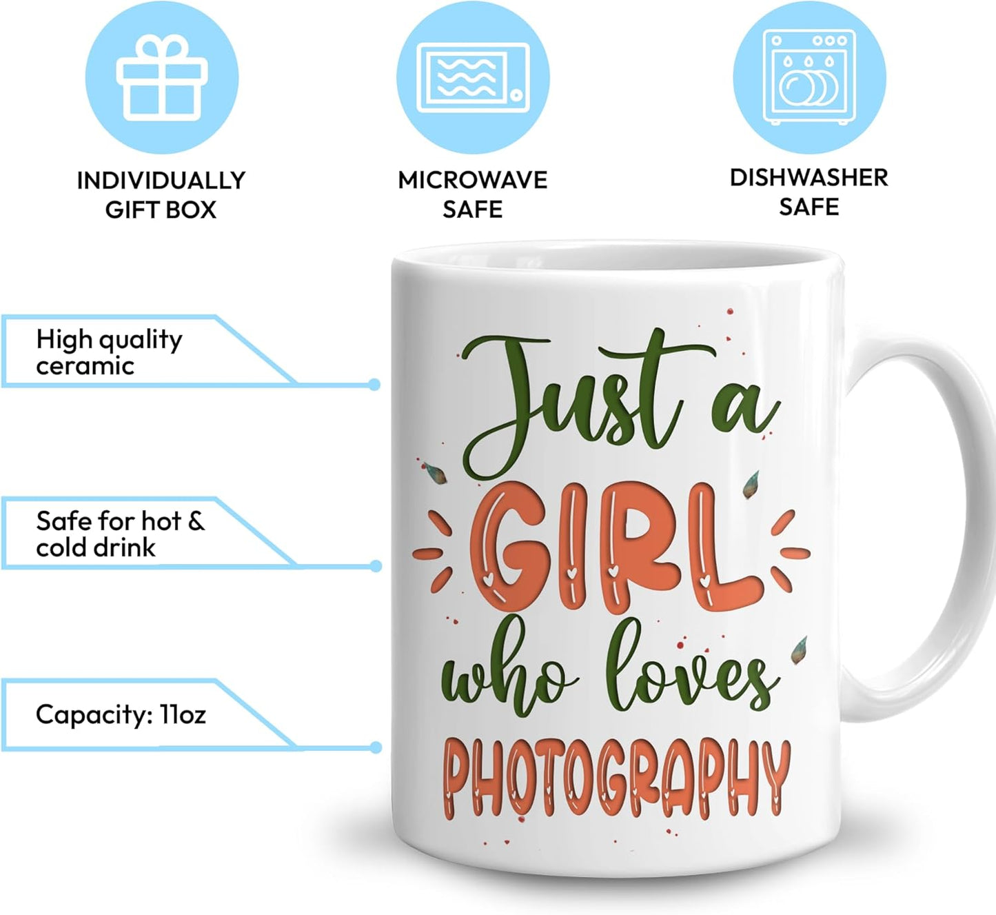 Hyturtle Personalized Gifts Photography Lover - Just A Girl Who Loves Photography Custom Name Ceramic Coffee Mug Cup 11oz - Perfect Idea Gifts For Women, Girl Daughter On Birthday, Christmas