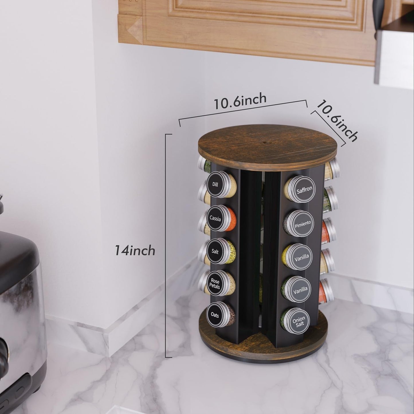 New England Stories Revolving Spice Rack Set with 35 Spice Jars, Kitchen Spice Tower Organizer for Countertop or Cabinet - Carousel Storage Includes 386 Spice Labels