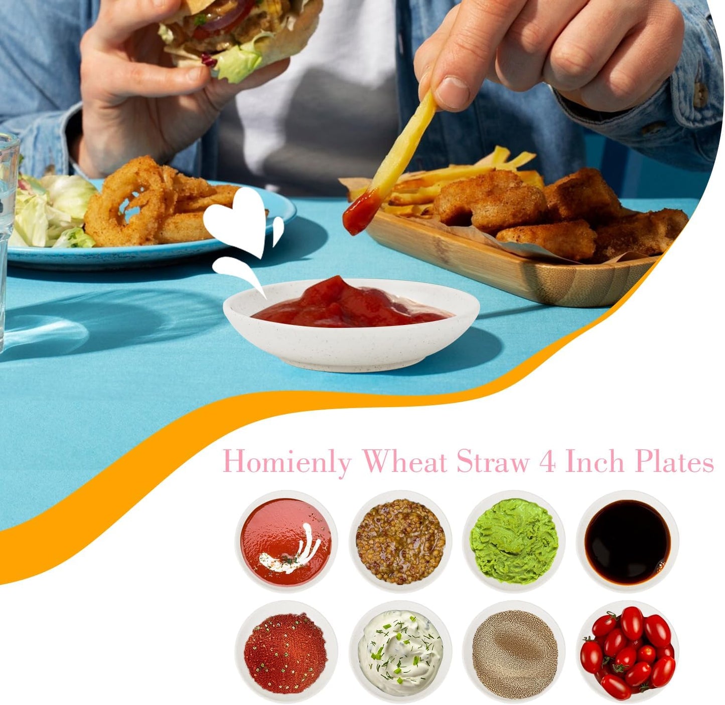 Plastic Dipping Set of 8 - 4 inch Wheat Straw Plates, Soy Sauce Dish, Dipping Bowls, Mini Appetizer Plates for Side Dishes, Condiment, BBQ and Party Dinner - White