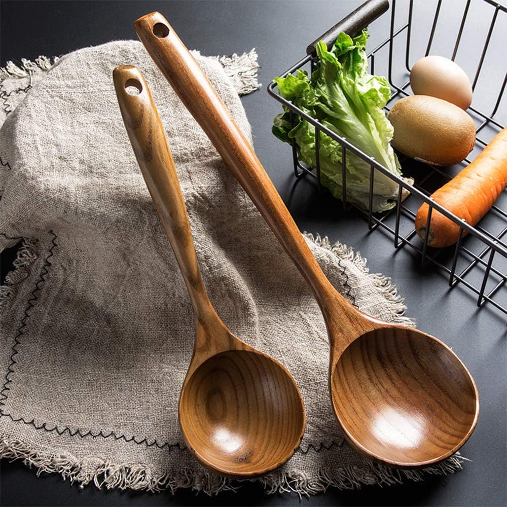 2 Pcs Wooden Spoon Ladle for Cooking Spoons Best Non Toxic Kitchen Tools -14 inch Long Kitchen Cooking Utensil & 11 inch Best Wood Spoons Large Deep Ladle Serving Spoons Soup Ladles Set