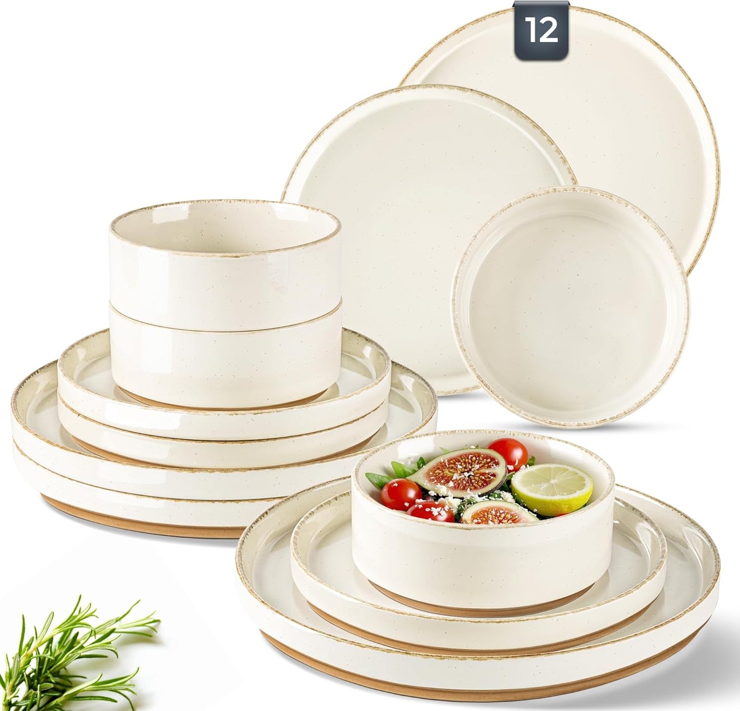 AmorArc Ceramic Dinnerware Sets for 4, 12 Pieces Handpainted Plates and Bowls Set with Rustic Terracotta Underside, Scratch Resistant Stoneware Dishes Set, Dishwasher & Microwave Safe