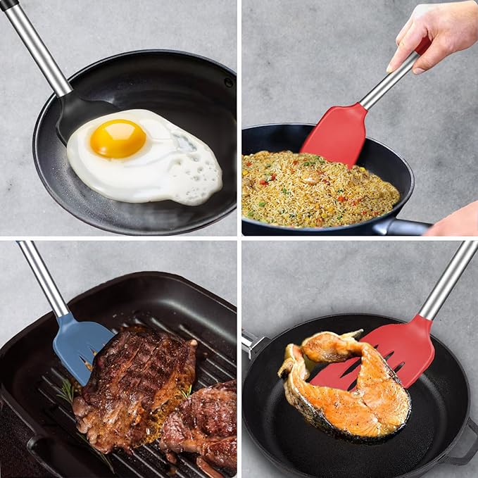 Silicone Spatula and Cooking Spoon,5 Pack Solid & Slotted Spoons and Spatulas High Heat resitant for Kitchen, Stainless Steel Handle Coated with Silicone, Non Stick Utensil, Starry blue