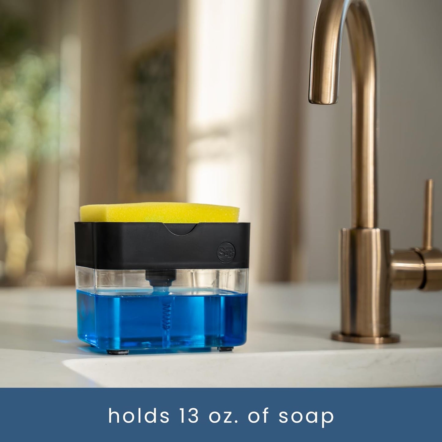 S&T INC. Dish Soap Dispenser and Sponge Holder for Kitchen Sink with Enhanced Features, Sponge Included, 13 Ounces, Matte Black