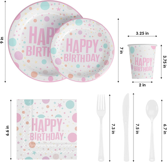 Exquisite 350 Pieces Happy Birthday Plates and Napkins Set, Paper Plates for Party Supplies, 50 Of Each 9" Dinner, 7" Dessert, Cups, Napkins & Cutlery Plastic Dinnerware Set Blue Birthday Decorations