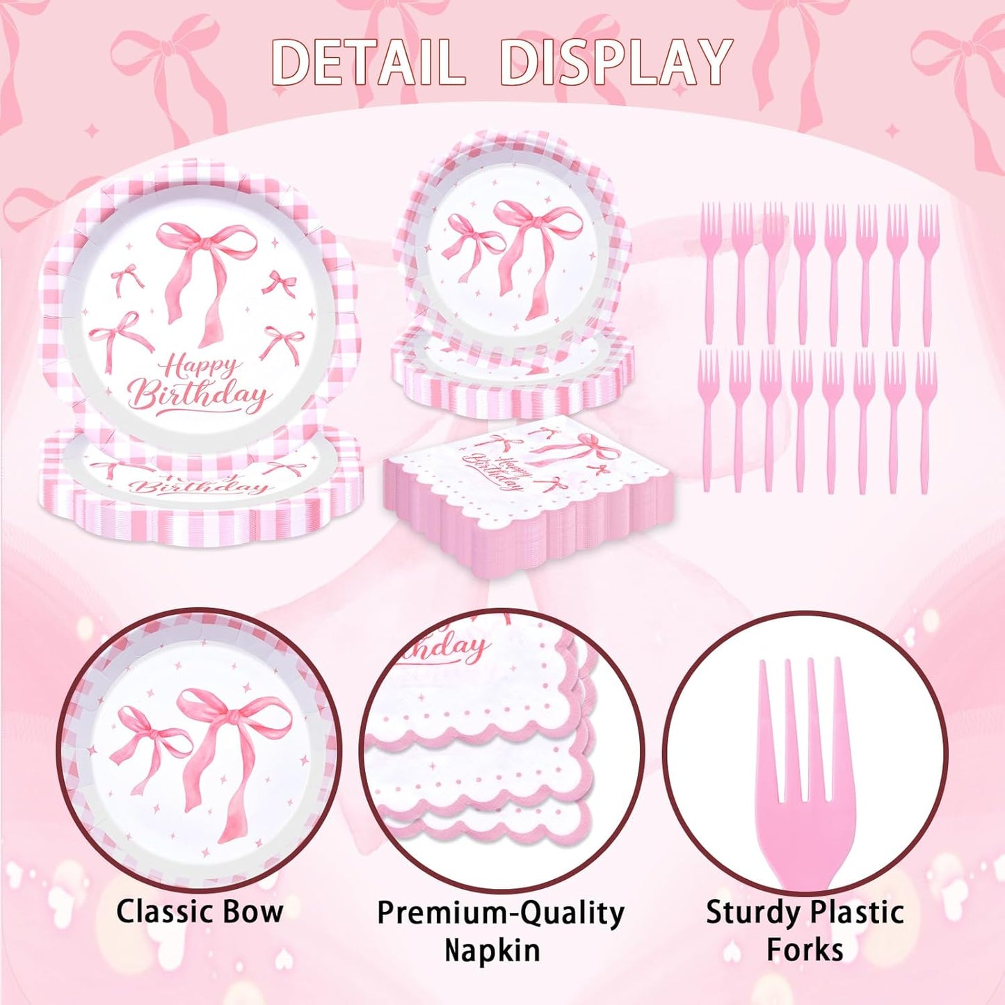 96 Pieces Pink Happy Birthday Tableware Set Party Supplies – Scalloped Bow and Gingham Themed Disposable Dinnerware with Paper Plates, Napkins, and Forks for Girls Birthday Celebrations – Serves 24