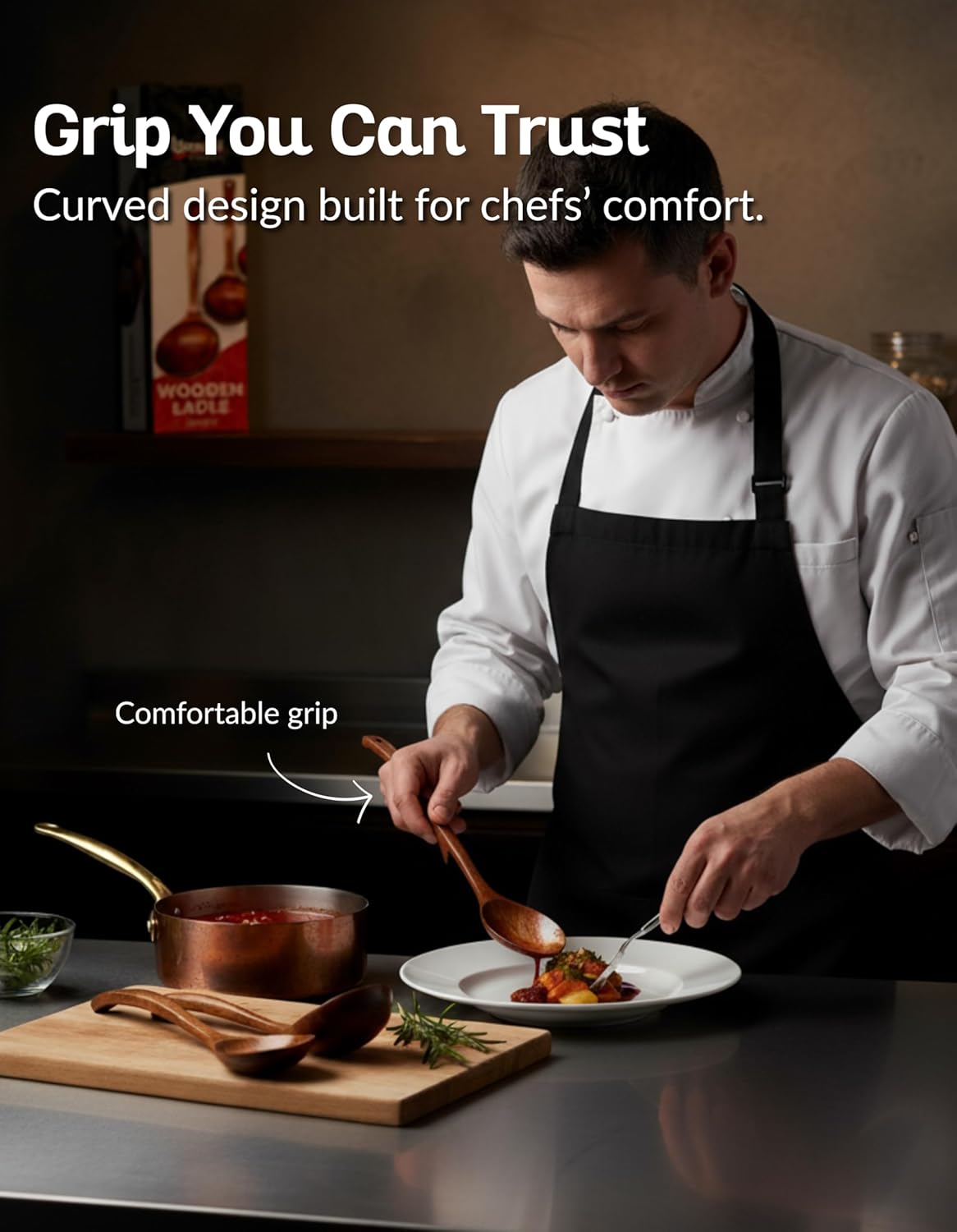 Soup Spoons - Luxury Teak Wood Ladle Set of 3 – Chef-Grade, Eco-Friendly Wooden Cooking Utensils with Reinforced Neck Joint & Anti-Slip Notch Handle – Multi-Size, Gift-Ready Ladle Spoons Set