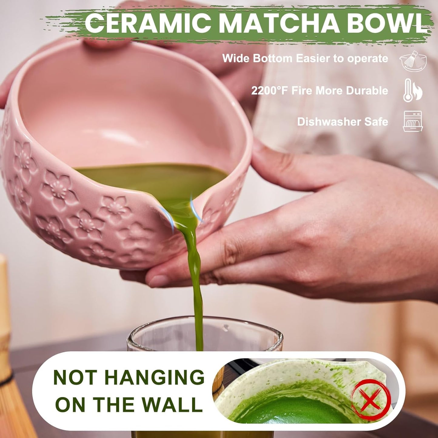 Matcha Whisk Set, Sakura Pink Ceramic Matcha Set Includes Matcha Bowl, Matcha Whisk (Chasen) and Holder, Sifter, Bamboo Scoop & Spoon - 6 Pcs Matcha Kit for Matcha Lovers