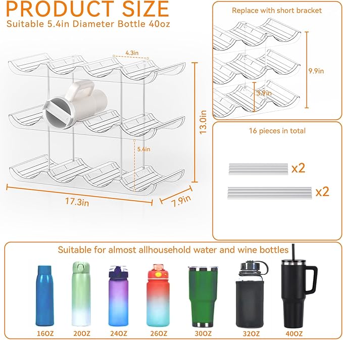 Yieach 3 Tier Stackable Water Bottle Organizer for Cabinets 40 oz Stanley Cup,Yeti and Other Tumbler Organizer,Larger Compartment Stanley Cup Holder,Waterbottle Storage and Wine Rack for Fridge