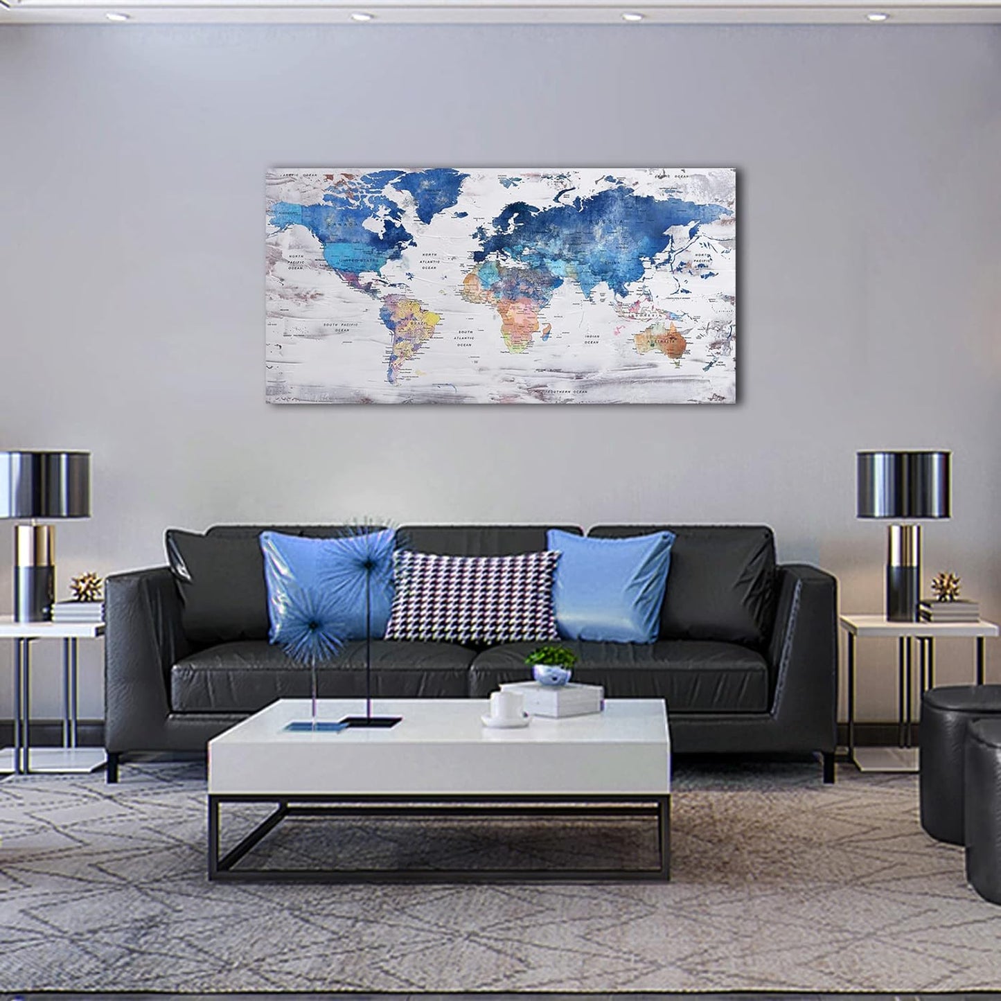 Pogusmavi-World Map Wall Art-Modern Art Wall Decor-Framed Artwork For Walls-Canvas Art For Office-Paintings For Decorations-Large Pictures For Living Room 24x48