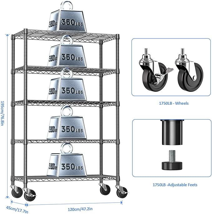 IZEUK 5-Tier Storage Shelving Unit with Wheels, Adjustable Heavy Duty Steel Wire Rack Organizer (Black, 17.7" D x 47.2" W x 76.7" H, 1750 lbs Capacity) for Garage, Kitchen, Office, Laundry, Basement