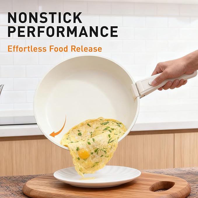 Ceramic Cookware Set 9 Pcs Pots and Pans Set with Detachable Handles Cooking Pan Saucepan Set Skillet Healthy Induction Cookware Oven Safe Dishwasher RV Kitchen Cream