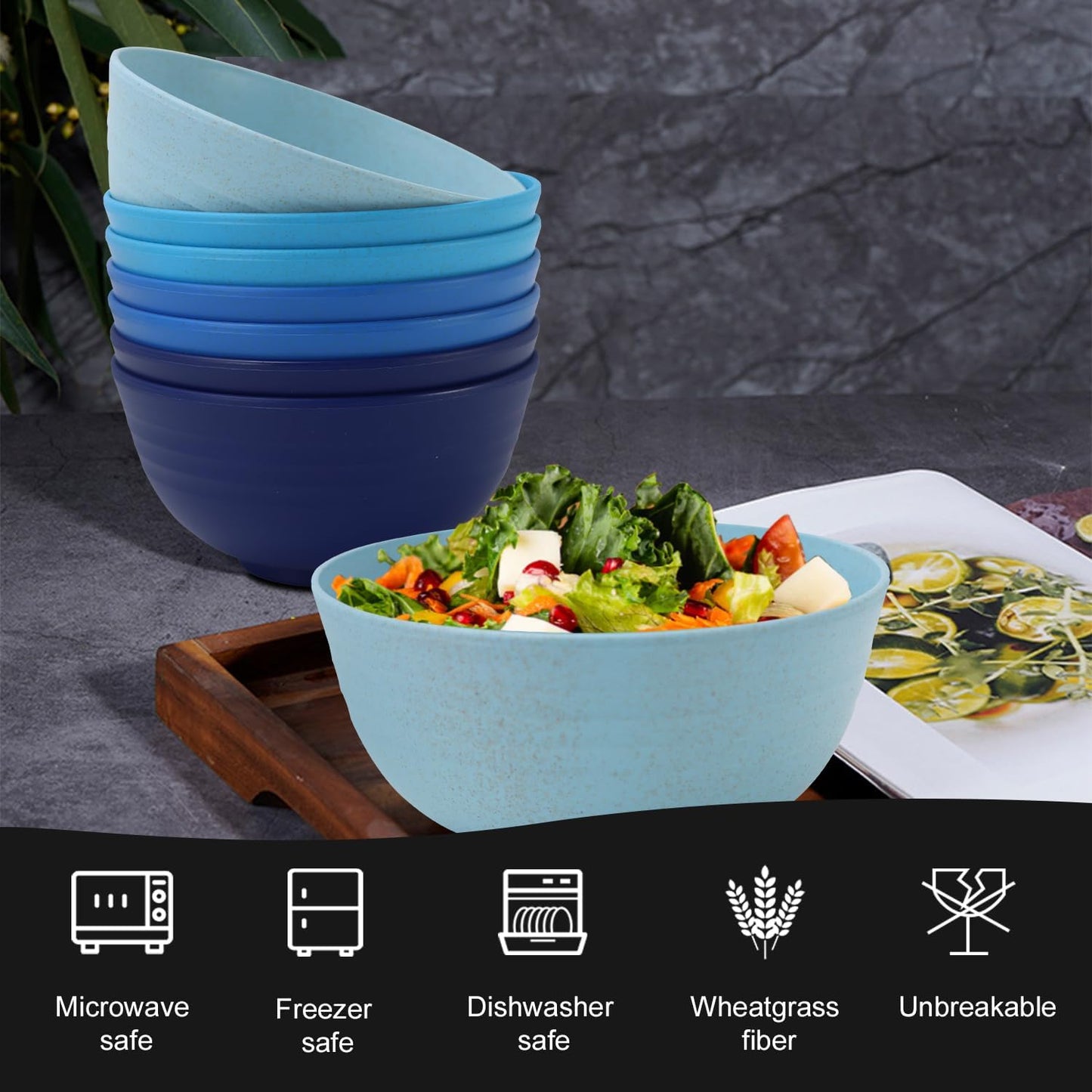 Homienly Unbreakable Cereal Bowls Set of 8-26 OZ Soup Bowls Microwave and Dishwasher Safe Wheat Straw Bowl Assorted Color Dessert Bowls for Serving Soup, Oatmeal, Pasta and Salad (Gradient Blue)