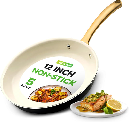 NutriChef 12-Inch Professional Ceramic Frying Pan - Large Skillet with Golden Titanium Handle, Non-Stick Ceramic Coating, Stain-Resistant, Easy to Clean, Ideal for Home Cooking