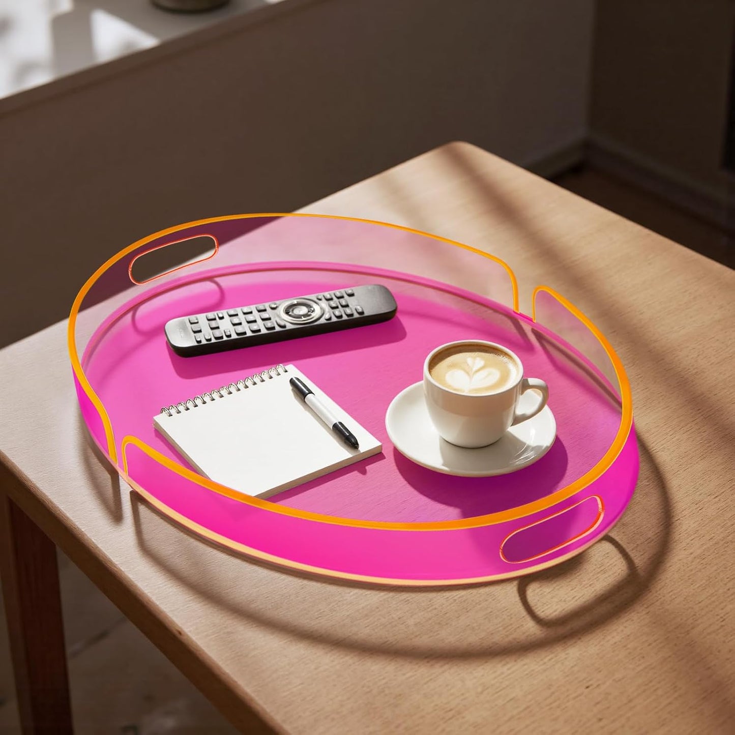 Acrylic Serving Tray with Handles Large Decorative Ottoman Tray 17x13'' Round for Bathroom Food Coffee Fruit Snack Tea Dinner Living Room, Neon Pink