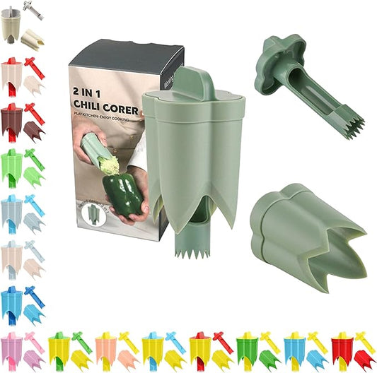 Pepper Corer, 2 in 1 Red Bell Pepper Seed Corer Remover Tool, Fruit & Vegetable Corers Quick Cave Tools for Jalapeno Cutter Deseeder, Green