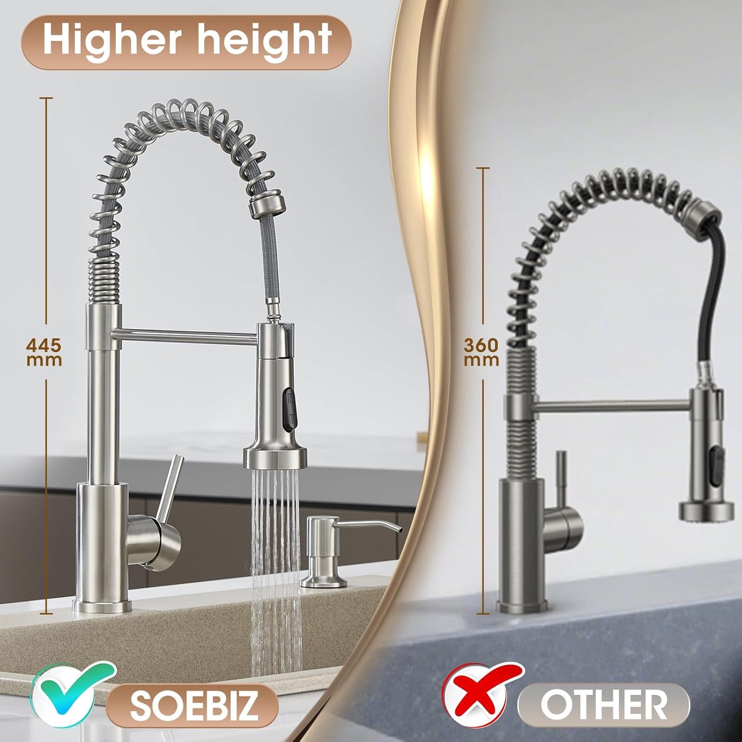 Kitchen Faucet with Sprayer Soap Dispenser Brushed Nickel Stainless Steel Single Handle 1 or 3 Hole Dual Function Spring Commercial Kitchen Faucets for Farmhouse Camper Laundry Rv Bar