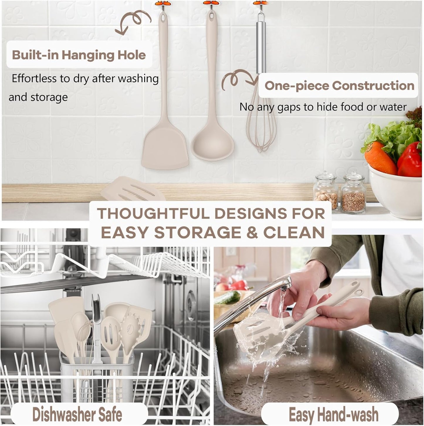 TeamFar Kitchen Cooking Utensils, 10 pcs Silicone Cooking Utensils Set, 446°F Heat Resistant Kitchen Gadgets Tools Set w/Spatula, Turners, Spoons, Soup Ladle, Pasta Server for Nonstick Cookware, Khaki