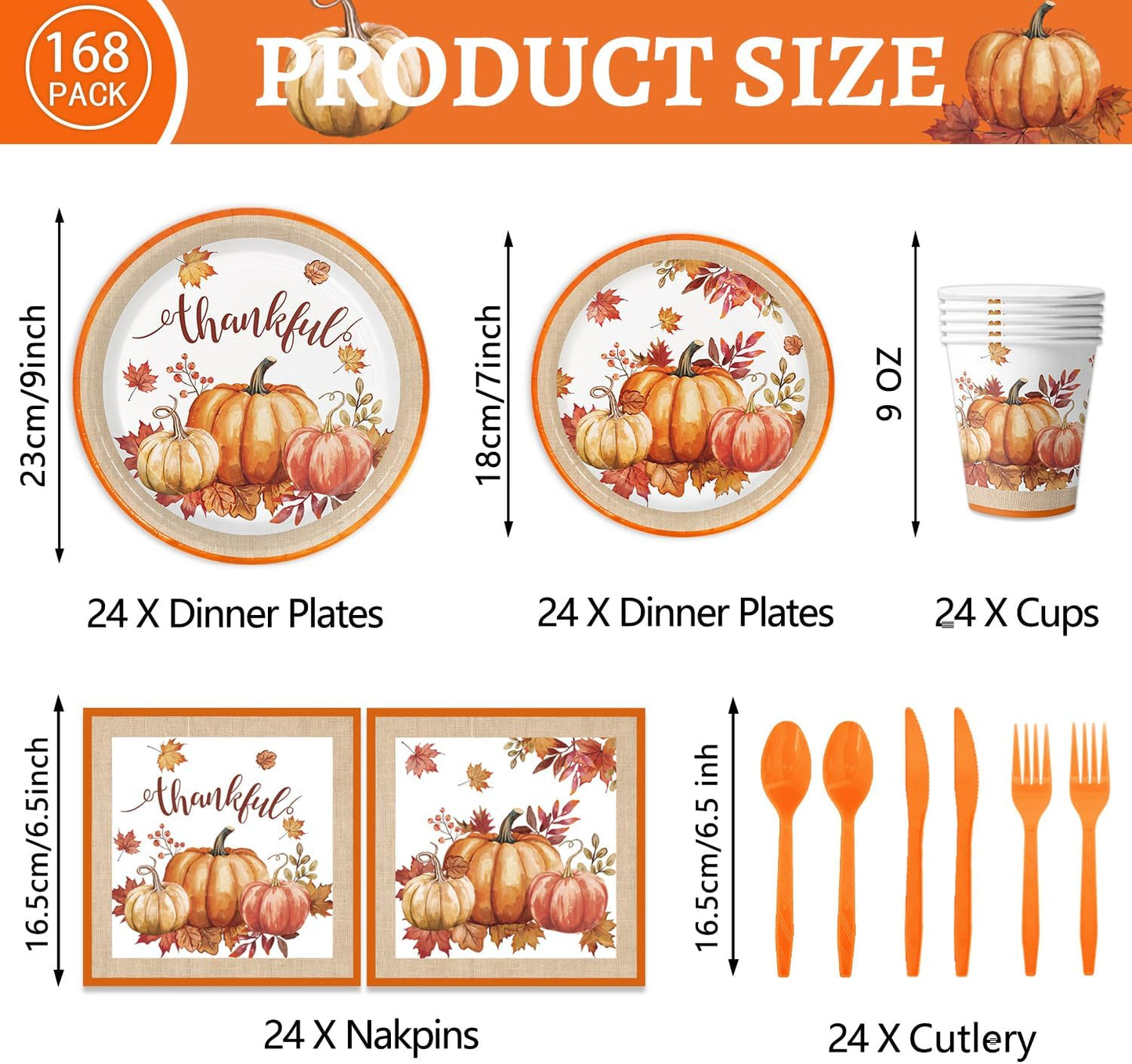 Autumn Harvest Thanksgiving Party Supplies Set - Complete Disposable Dinnerware Set for Thanksgiving Fall Party, Serves 24 Guests - Includes Plates, Cups, Napkins, and Cutlery