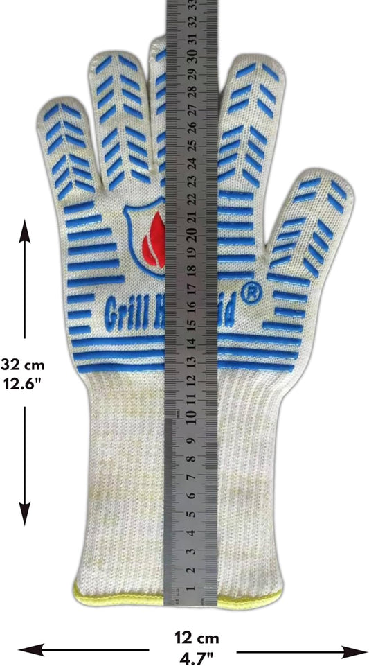 GRILL HEAT AID BBQ Grill Gloves 1472°F - Extreme Heat Resistant Oven Mitts for Grilling, Smoker & Fire Pit with Silicone Grip & EN407 Cut Resistance - Mid Cuff (Small Palm), White & Blue