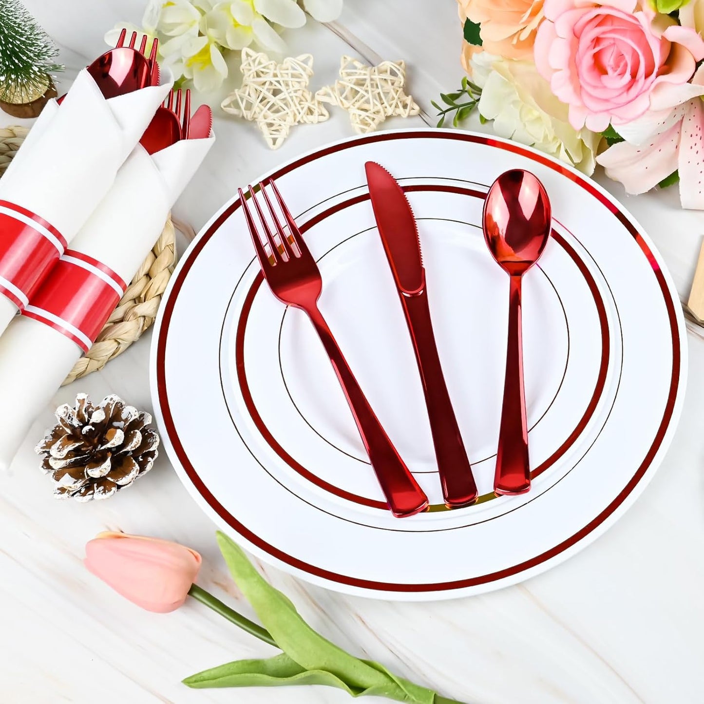 30Pack Red Pre Rolled Plastic Silverware - Wrapped Red Disposable Cutlery with Napkins, Heavy Duty Rolled Silverware Set, Disposable Plastic Utensils with Dinner Napkins for Valentine's Day