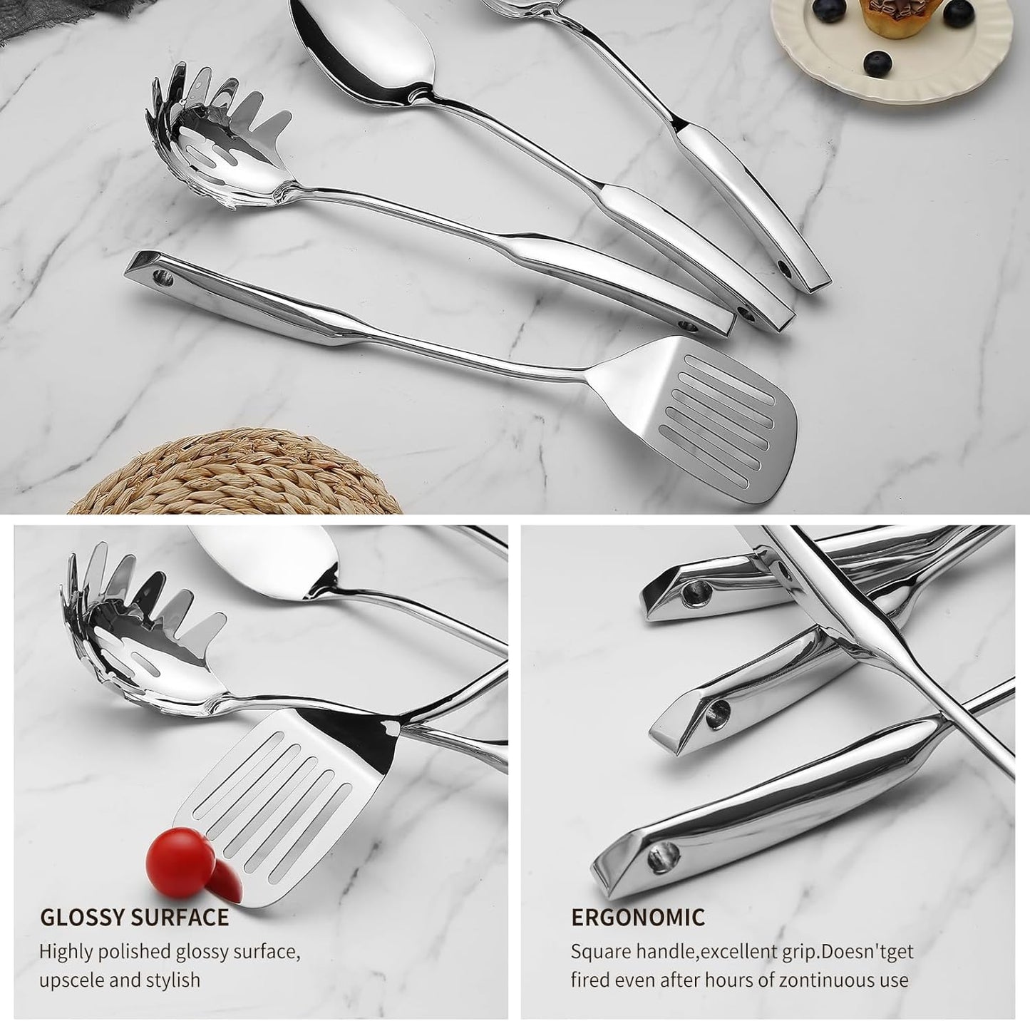 9PCS Silverware Set for 304 Stainless Steel Kitchen Utensils Set Cooking Utensil Set, 15 Inches All Metal Cooking Tools Wok Kitchen Cookware Set with Spatula Useful Pots and Pans Accessories