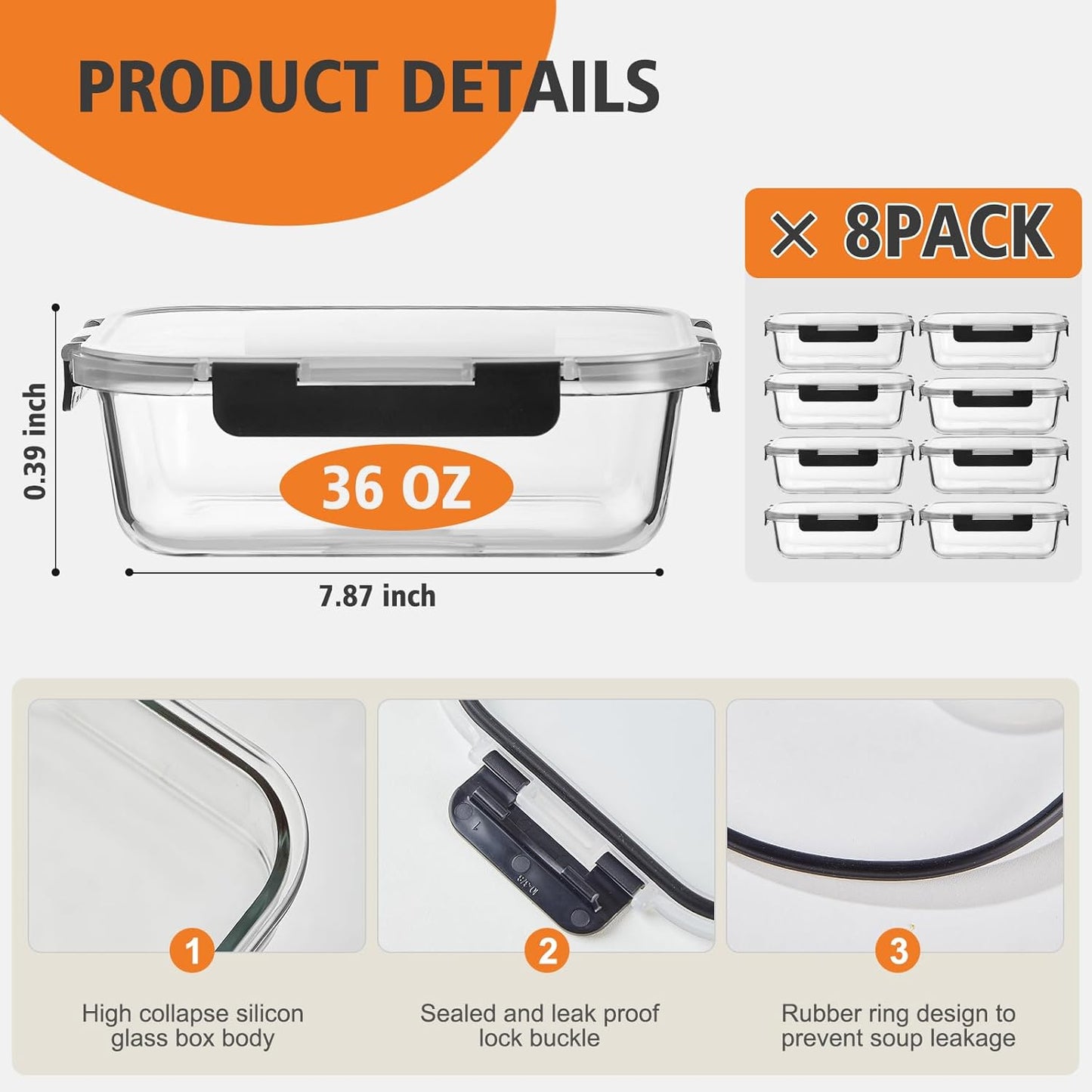 8-Piece 36oz Glass Meal Prep Container Set Clear Glass Food Storage Containers Set, Airtight Food Storage Containers for Coffee, Sugar, Flour, Spices, BPA-Free