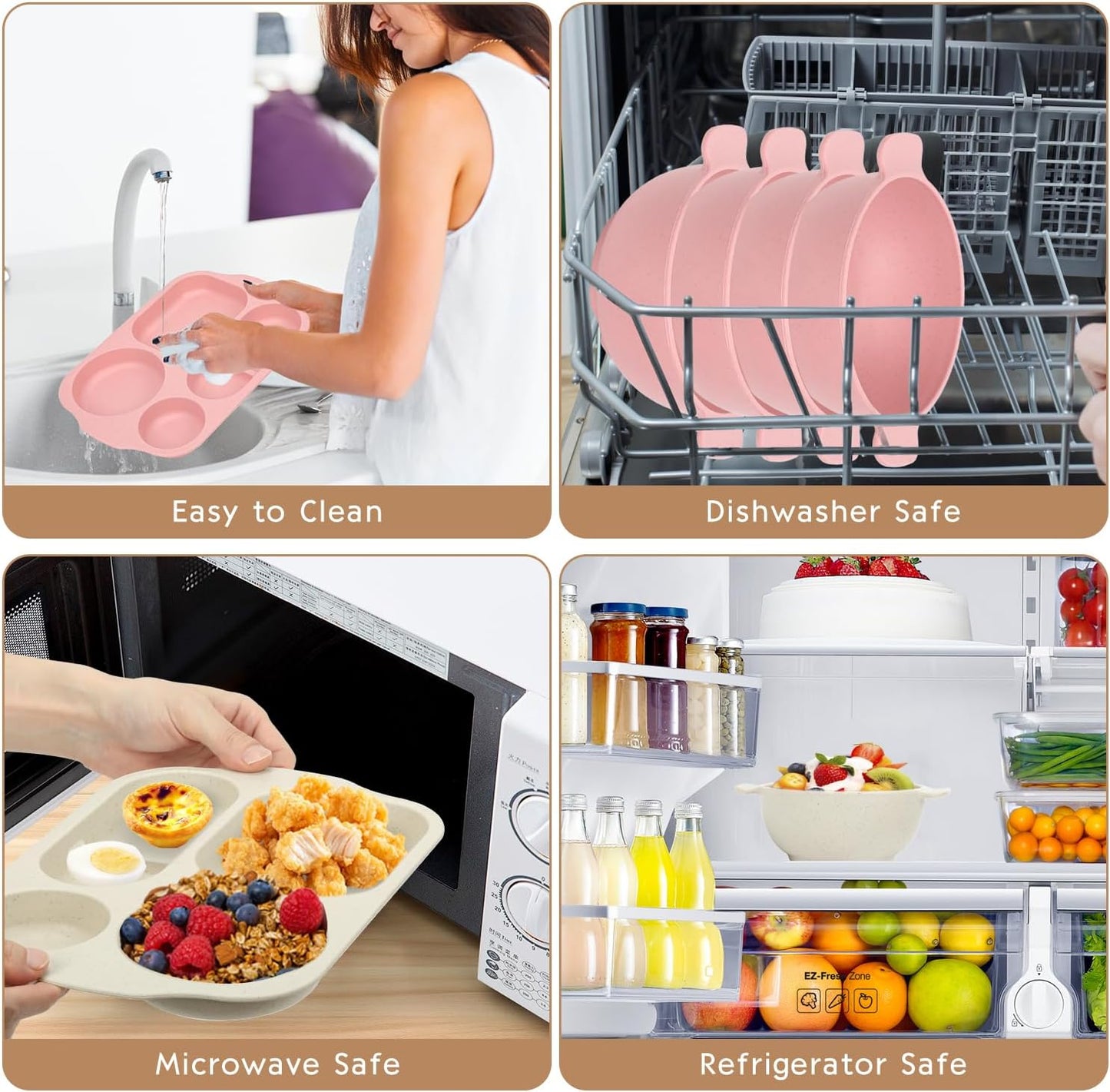 24 PCS Wheat Straw Dinnerware Set for Kids Toddler Plate Bowl Cup Sets Unbreakable BPA-Free Tableware Set with Divided Plate Microwave Dishwasher Safe Perfect for Home School Picnics