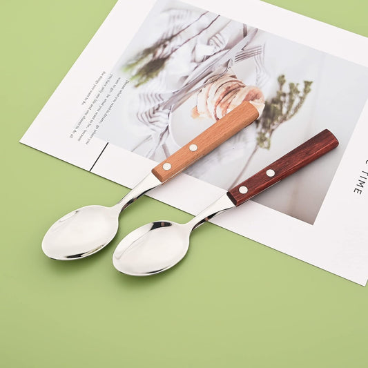 Teaspoons Set of 8, 304 Stainless Steel Dessert Spoons with Red Wooden Handle, 6.3 Inch Ice Cream Spoons for Coffee, Appetizer, Bistro