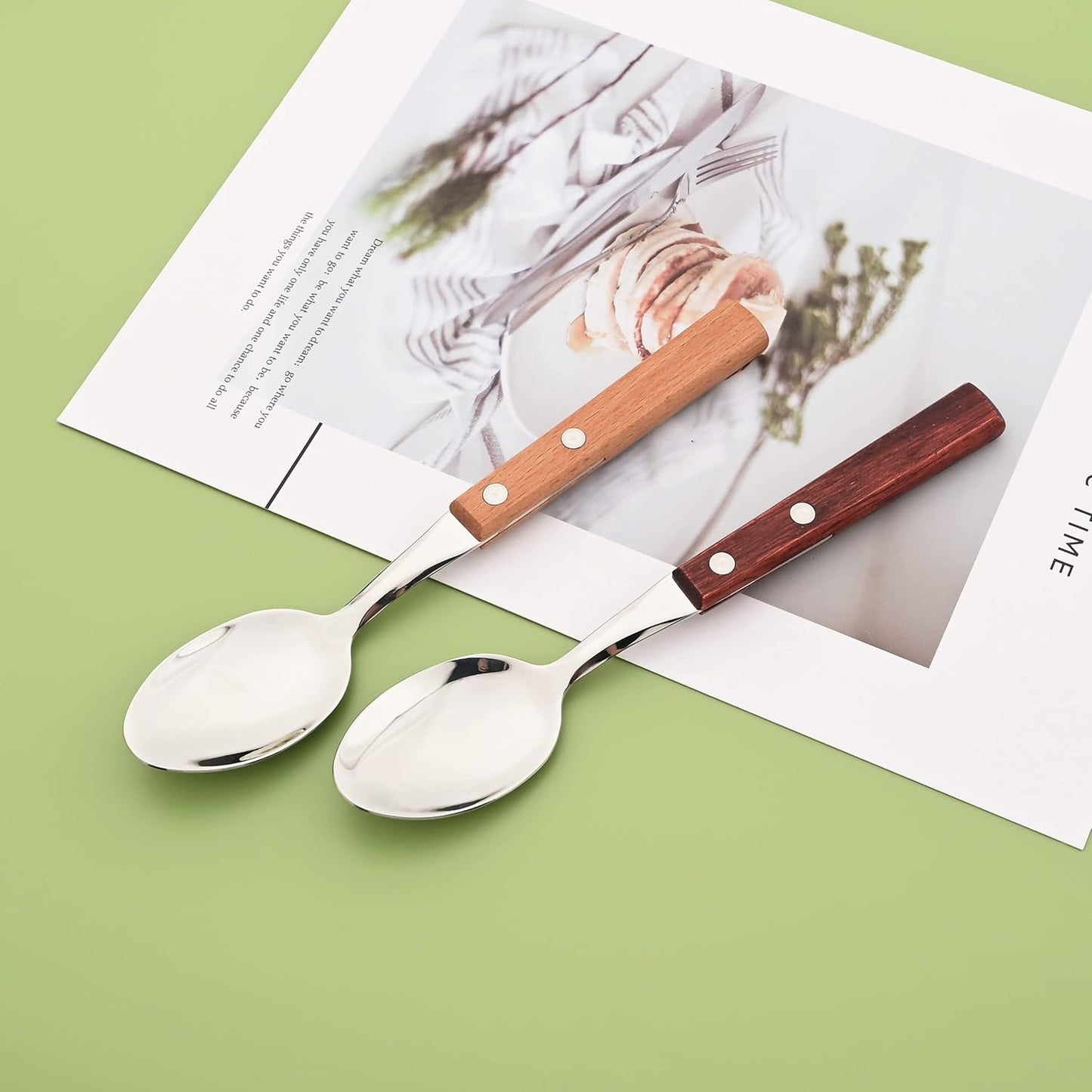 8 PCS Dinner Spoon Set, 304 Stainless Steel Table Spoons with Red Wooden Square Handles, 7.9" Long