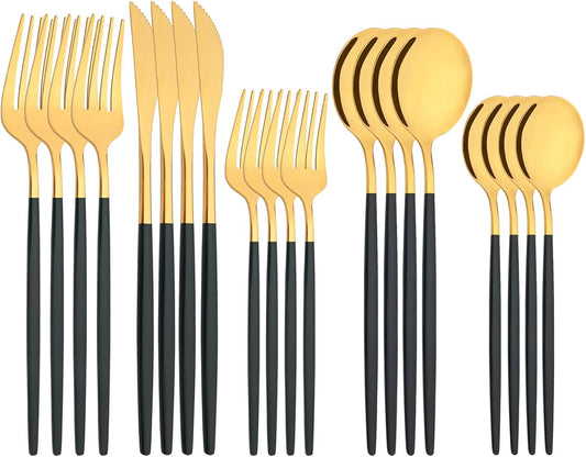 Silverware Set – 20 Piece Family Dinnerware Set – Flatware Set Service For 4 – Green Gold Tableware Sets – Cutlery Great For Family Gatherings & Daily Use – Spoons, Knives, Forks