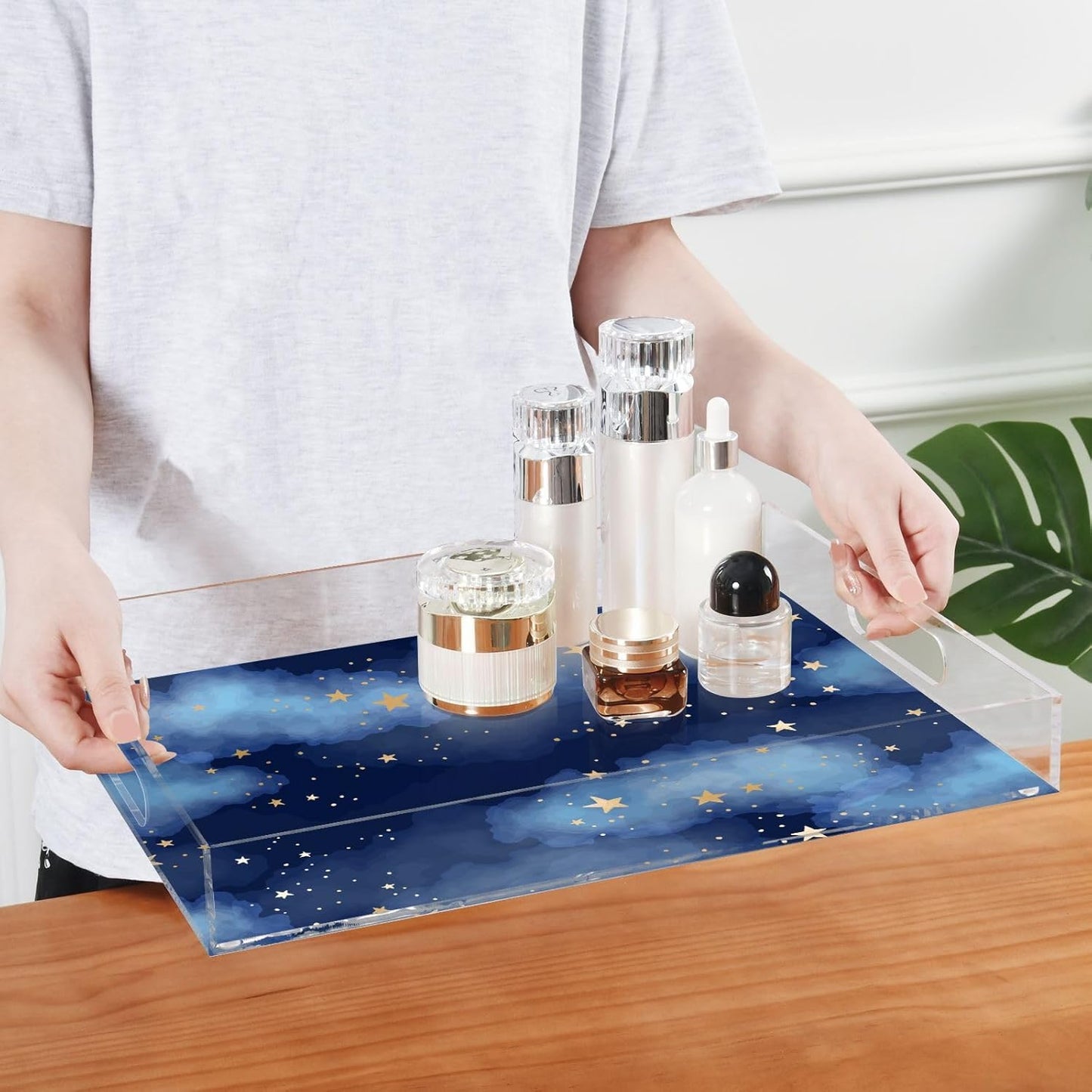 Acrylic Serving Tray with Handles Spill Proof Kitchen Storage Tray Clear Decorative Tray Makeup Drawer Organizer Storage Tray for Bathroom Living Room Ottoman 15.7x11.8Inches