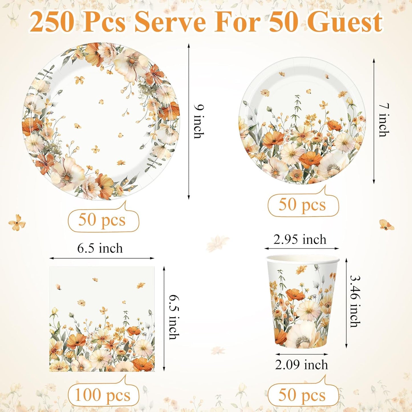 250 Pcs Fall Floral Party Decorations Include Autumn Flowers Paper Plates Napkins and Cups for Autumn Wedding Baby Shower Birthday Party Decorations, Serve 50 Guest