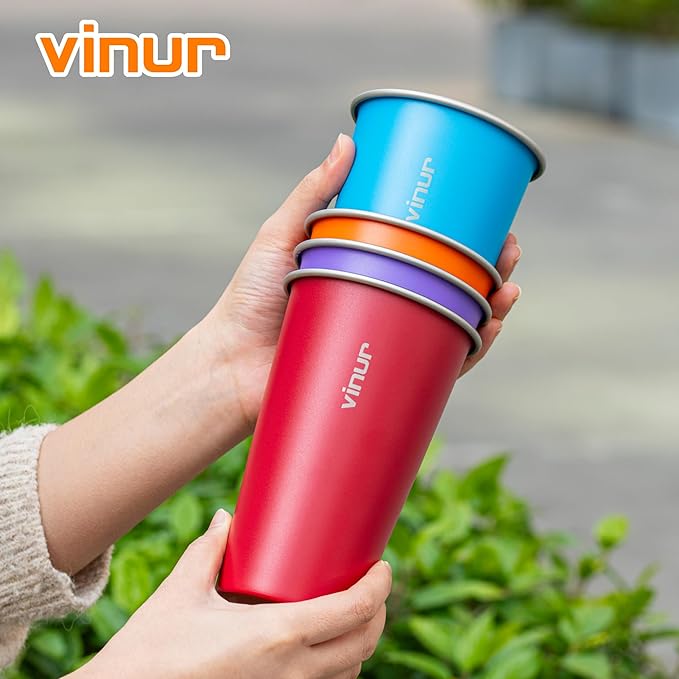 VINUR 20 oz Stainless Steel Cups 4 Pack Pint Tumbler Stackable Metal Drinking Glasses for Travel, Camping, Outdoors (Purple-Orange-Sky Blue-Canyon Red)