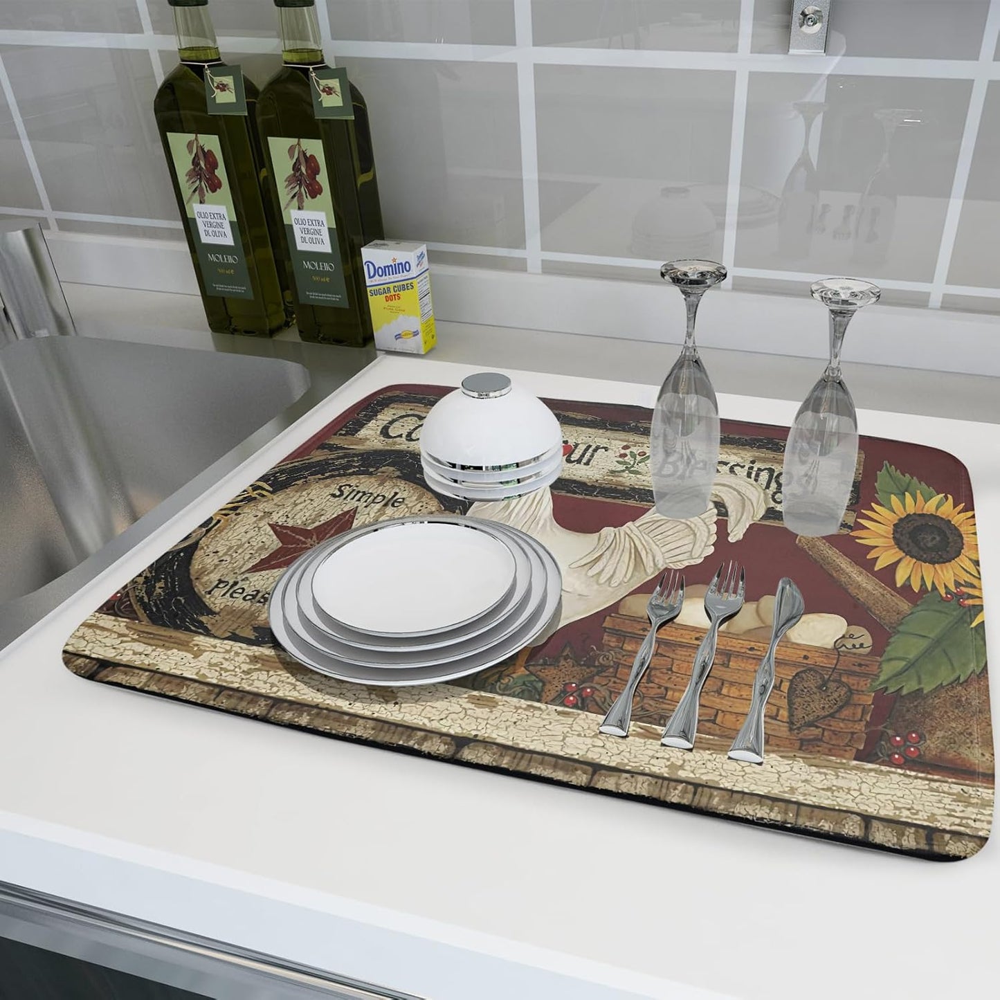 Giwawa Vintage Rooster Dish Drying Mat for Countertop, 18"x24" Farmhouse Chicken Dish Drainer Mats, Rustic Country Style Fast Drying Microfiber Dish Drying Pad Kitchen Accessories Decor Large