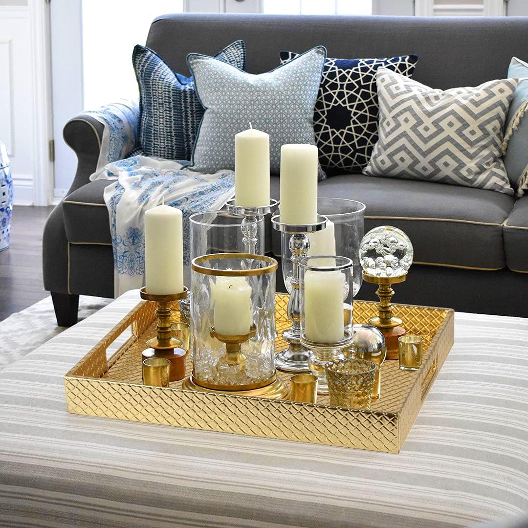 HofferRuffer Rectangle Serving Tray with Hole Handles for Coffee Table, Breakfast, Tea, Food, Butler - Countertop, Kitchen, Vanity Serve Tray, 16.2 x 12.2 x 2 inches, Faux Leather (Gold)