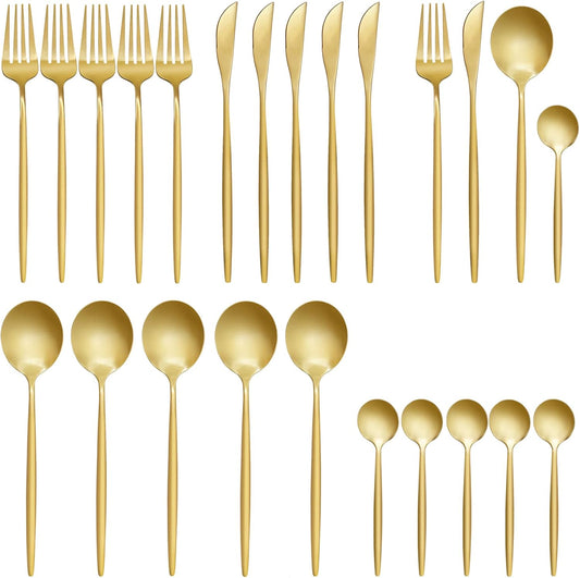 24 pcs Flatware Set, Gold Stainless Steel Flatware Set for 6, Knife Fork Spoon, Home Dinnerware Tableware Set for 6, Cutlery Set, Include Knives/Forks/Spoons…